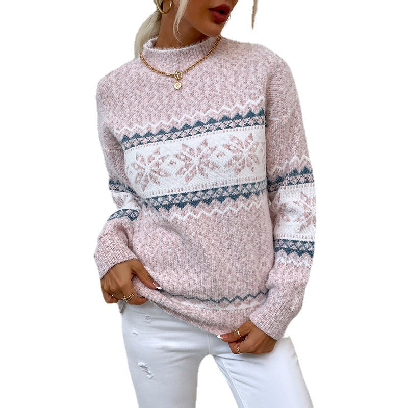 Winter Snowflake Sweater Fashion Half Turtleneck Pullover