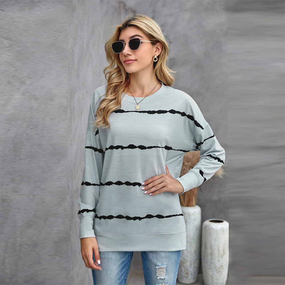 Women's Loose Long-Sleeved Hoodless Striped Printed Sweater