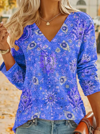 Big Size Bohemian Printed Long Sleeve T-Shirt V-Neck