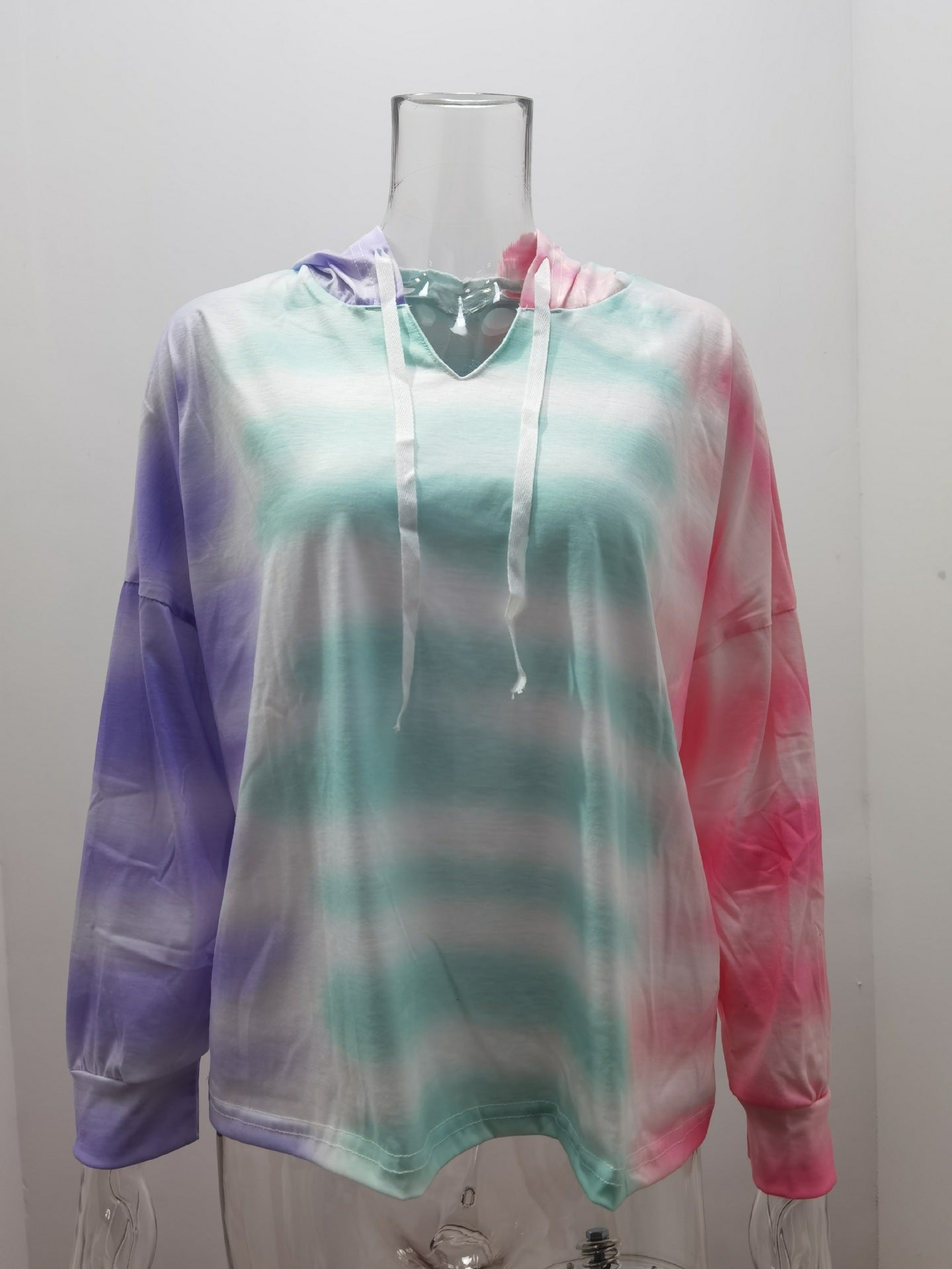 Tie-Dye Gradient V-Neck Hooded Long Sleeve Pullover Casual Sweatshirt