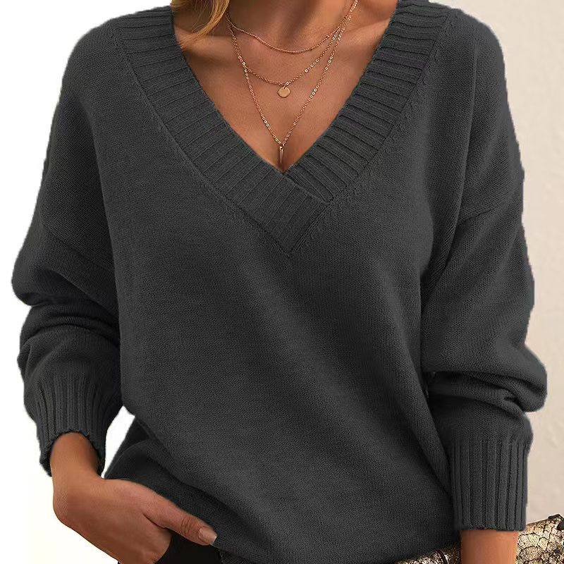 Solid V-neck Sweater Fashion Loose Long-sleeved Knitted