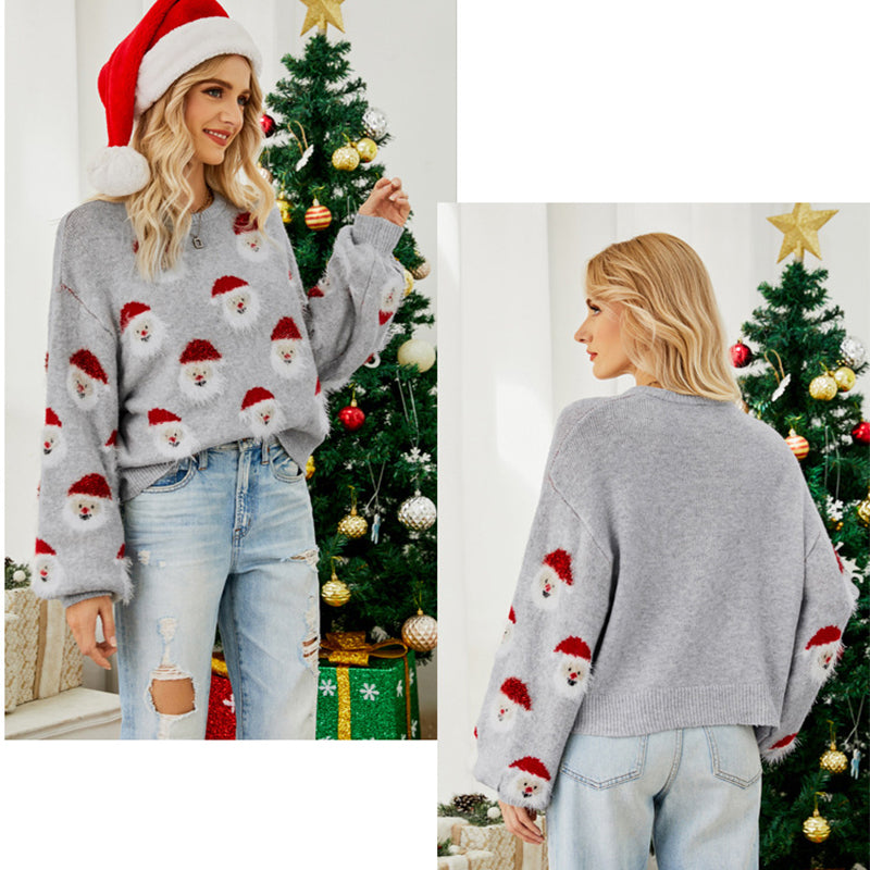 Christmas Sweater Women Cute Cartoon Santa Print