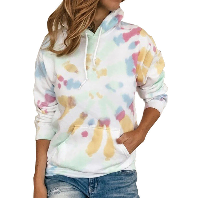 Long Sleeve Casual Tie Dye Print Colorful Hooded Long Sleeve Sweatshirt