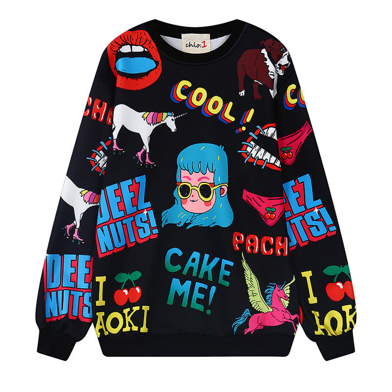 Harajuku Style Full Letter Polyester Loose Long-Sleeved Round Neck Sweater