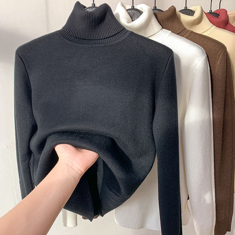 Fleece Turtle Neck Sweater Winter Warm Elegant Thick Knitted