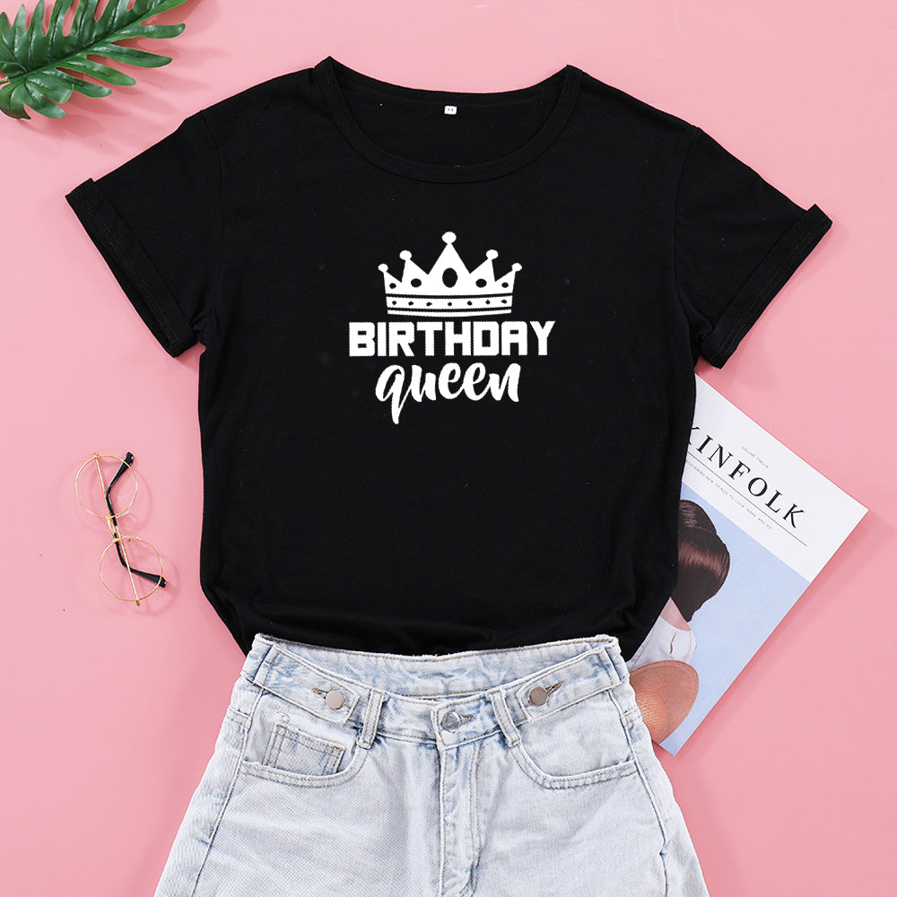 Women Queen Letter Print Short Sleeve T Shirt Cotton