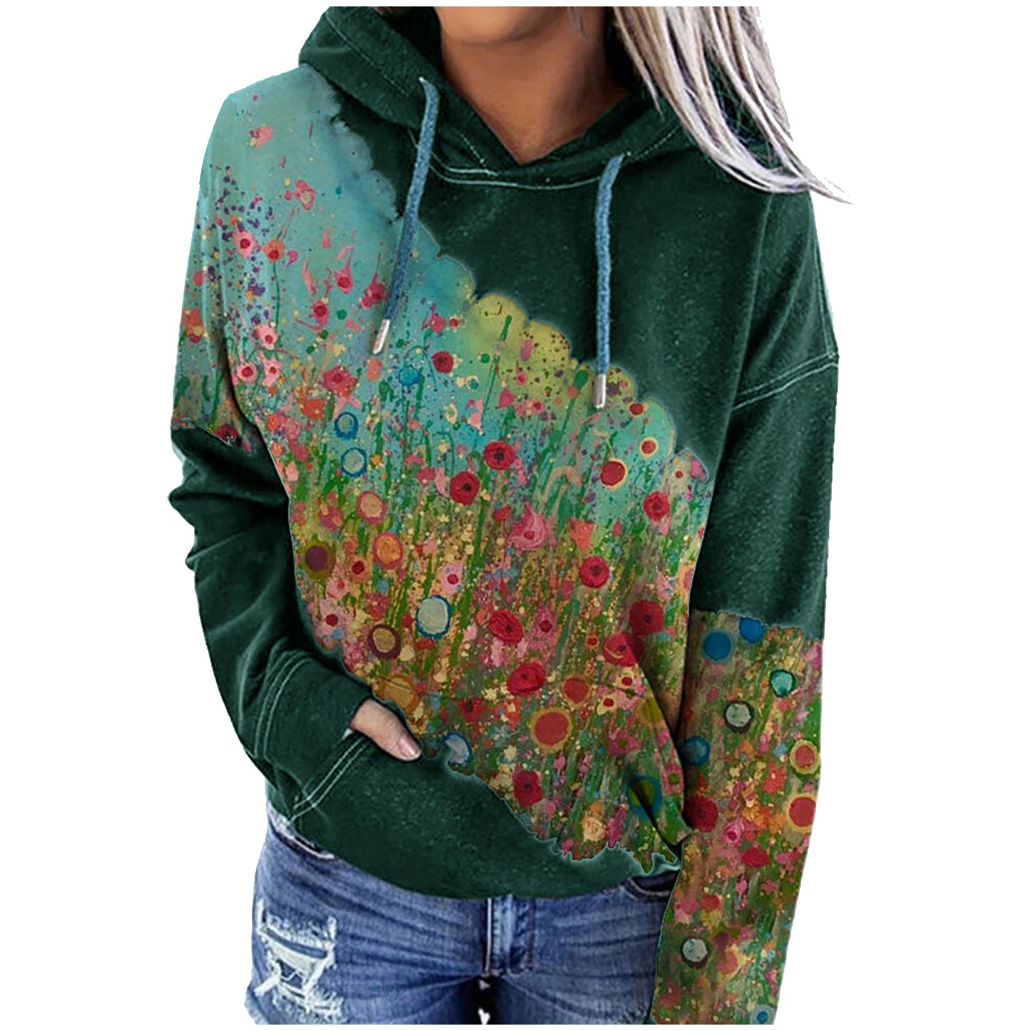 Flower print hooded long-sleeved sweatshirt