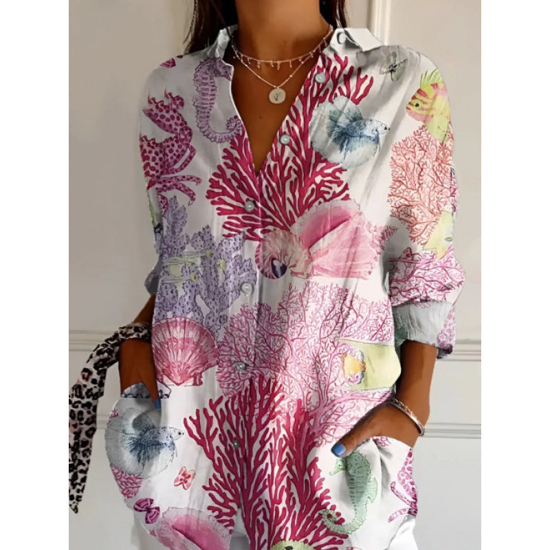 Floral Print Long-sleeved Shirt Women's Casual Button