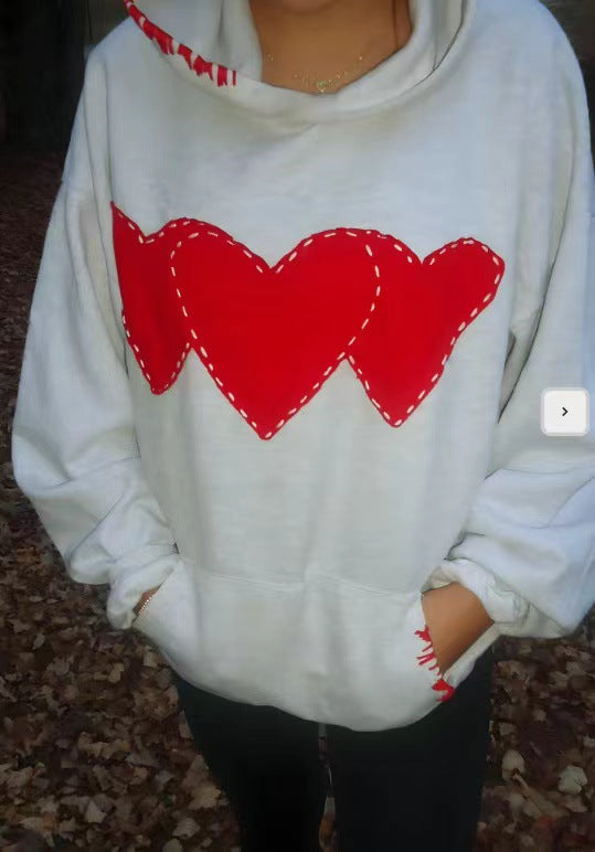 Women's Brushed Hoody Heart Shape Printed Drawstring Hoodie