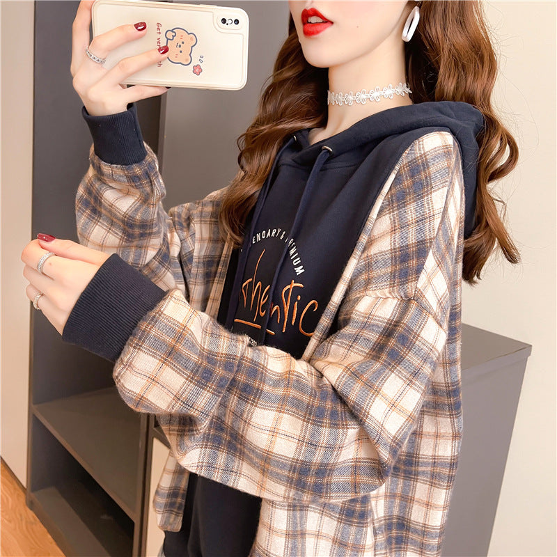 Women's Loose Plaid Stitching Hooded Sweatshirt