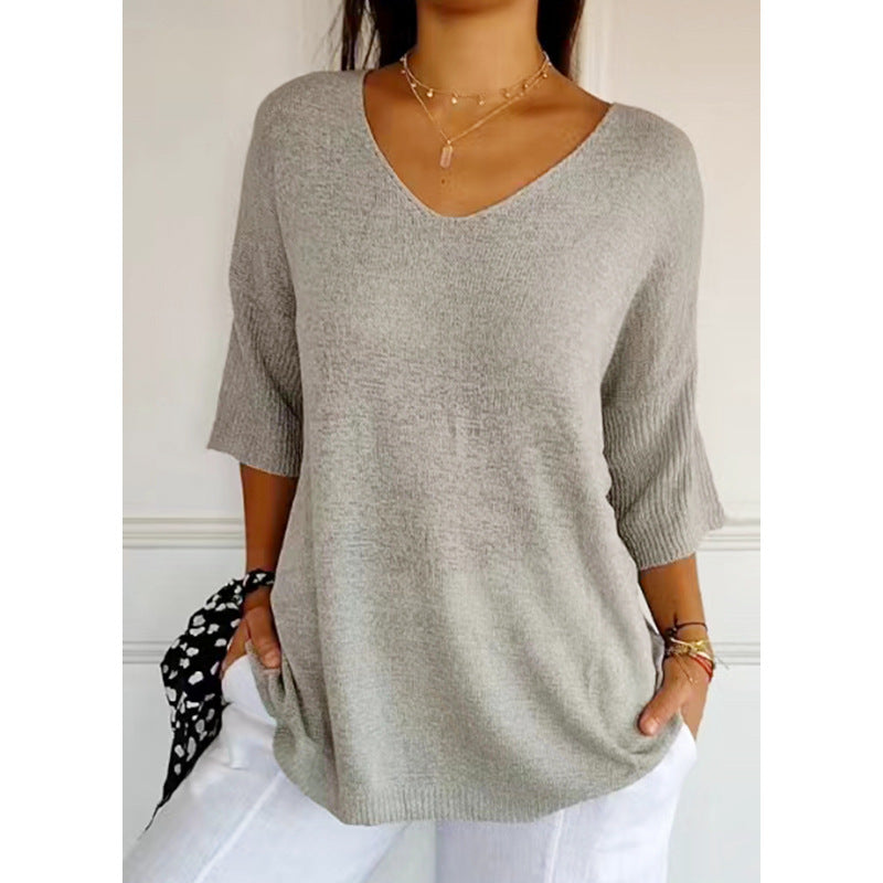 Solid Long Sleeve Sweater Slimming V-neckline Knitwear