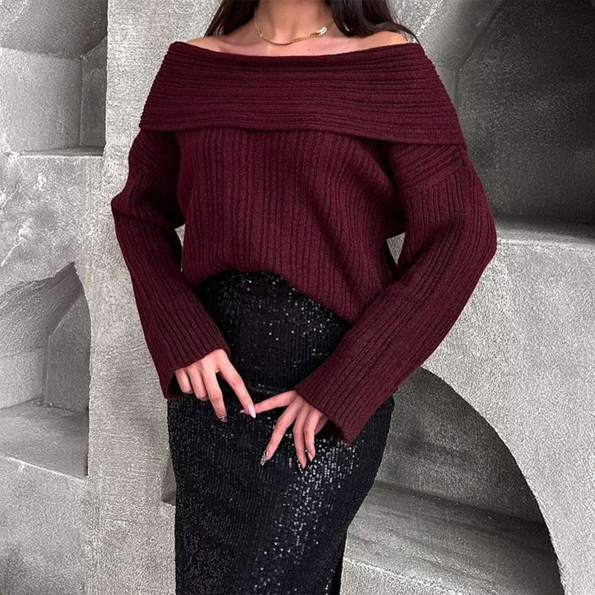 Loose Pullover Trumpet Sleeve Sweater Y2K Fashion One-shoulder