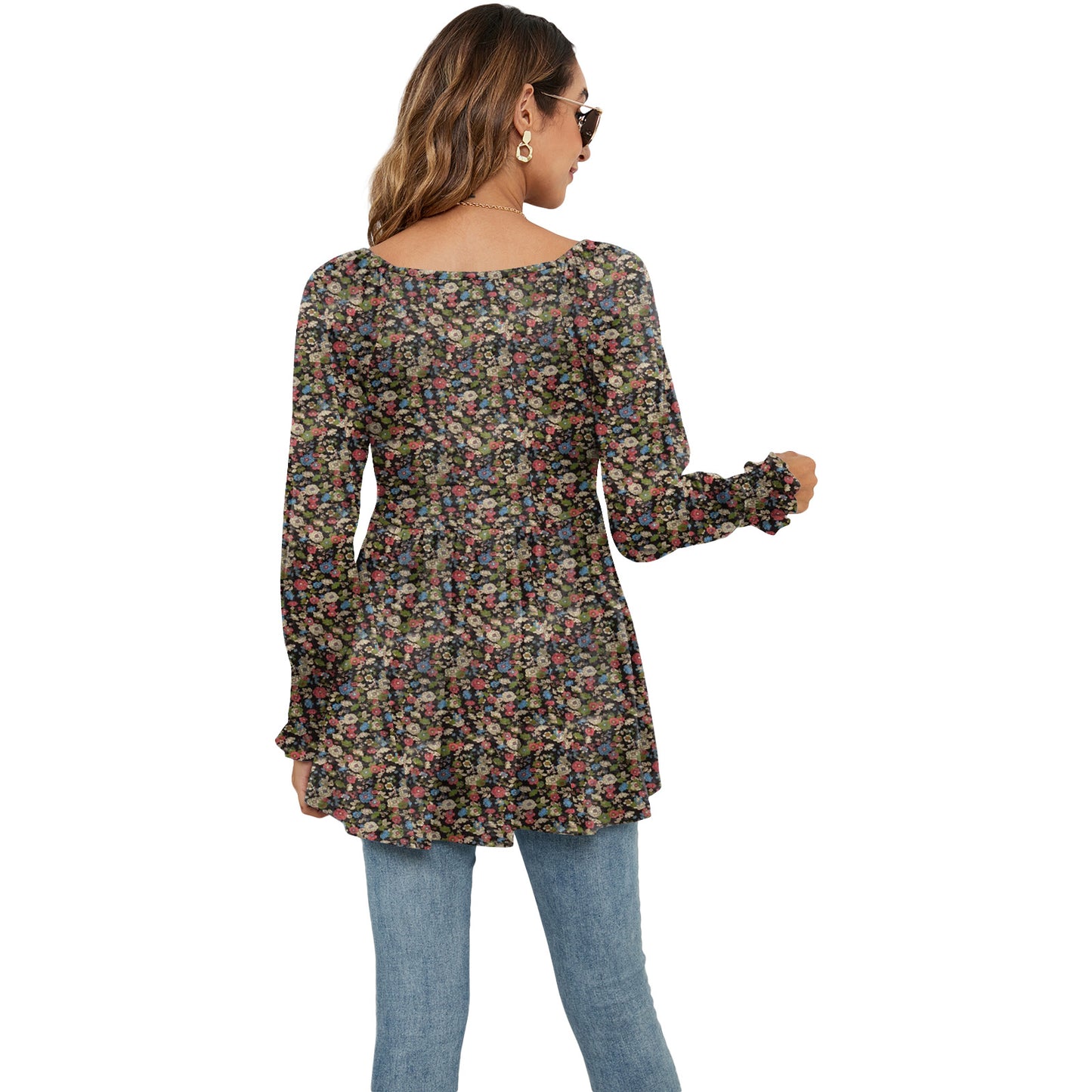 Long Puff Sleeve Tops Women Flowers Print Casual V-Neck
