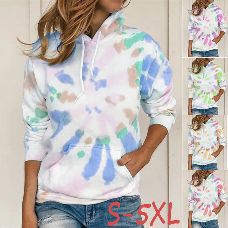 Long Sleeve Casual Tie Dye Print Colorful Hooded Long Sleeve Sweatshirt