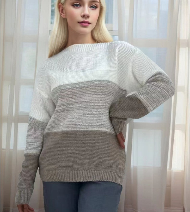 Pullover Knitted Sweater Fashion Round Neck Splicing Knitwear