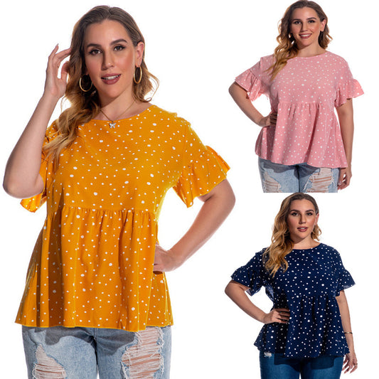 Dot Flared Sleeve Short Sleeve Plus Size Women's T-shirt