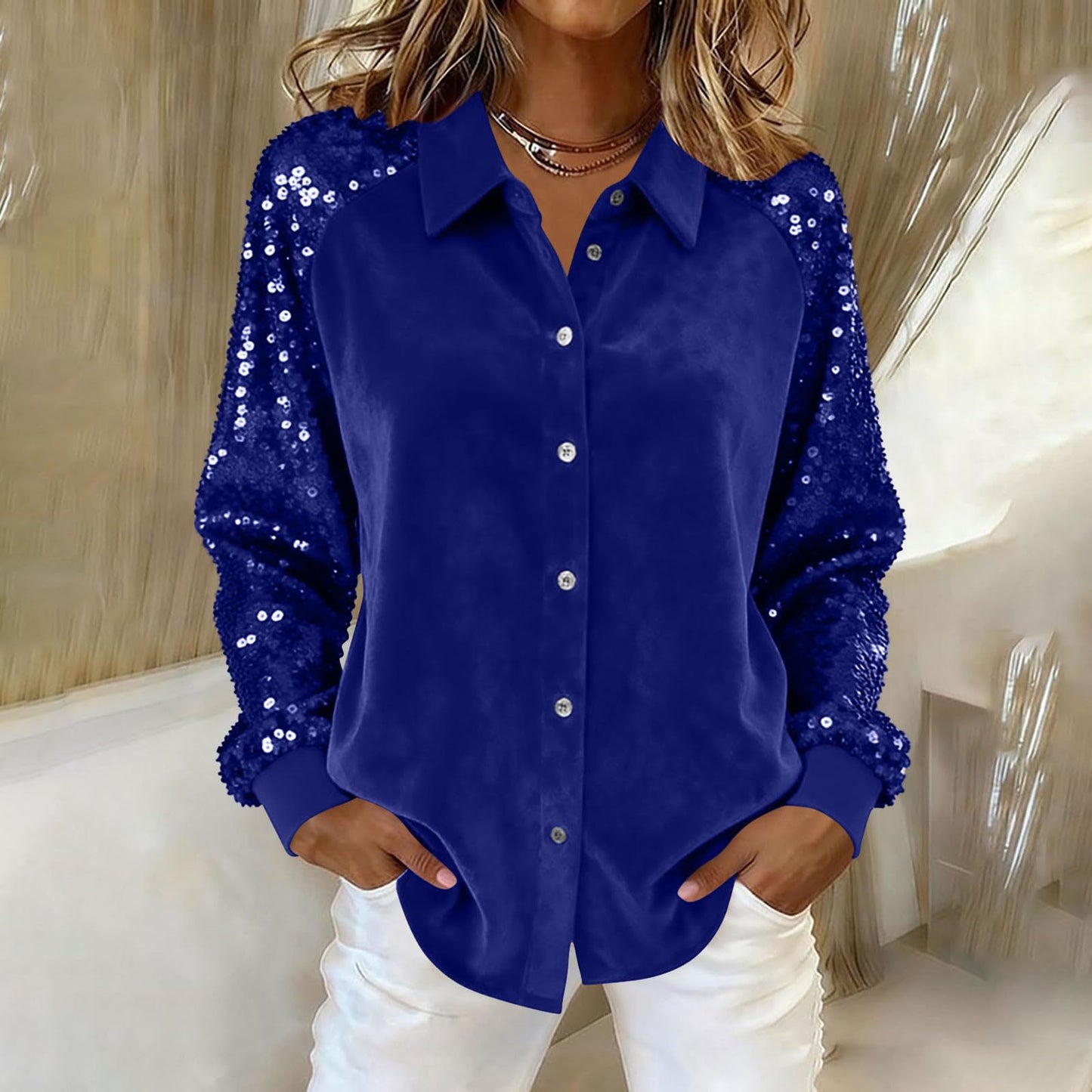 Women's Fashion Sequins Long Sleeve Blouses  Turn-down Collar
