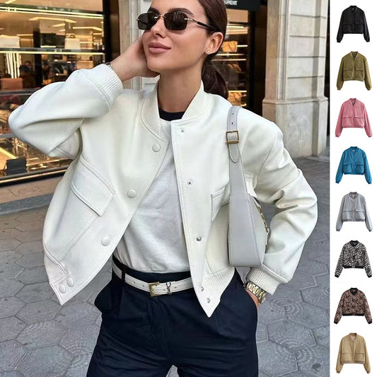 Casual Single-breasted Stand Collar Short Jacket With Pockets