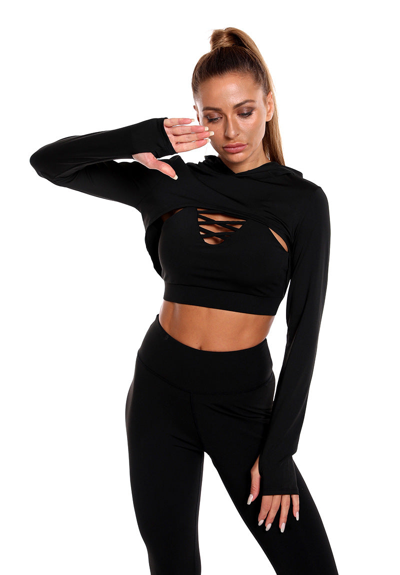 3pcs Sports Suits Long Sleeve Hooded Top Hollow Design