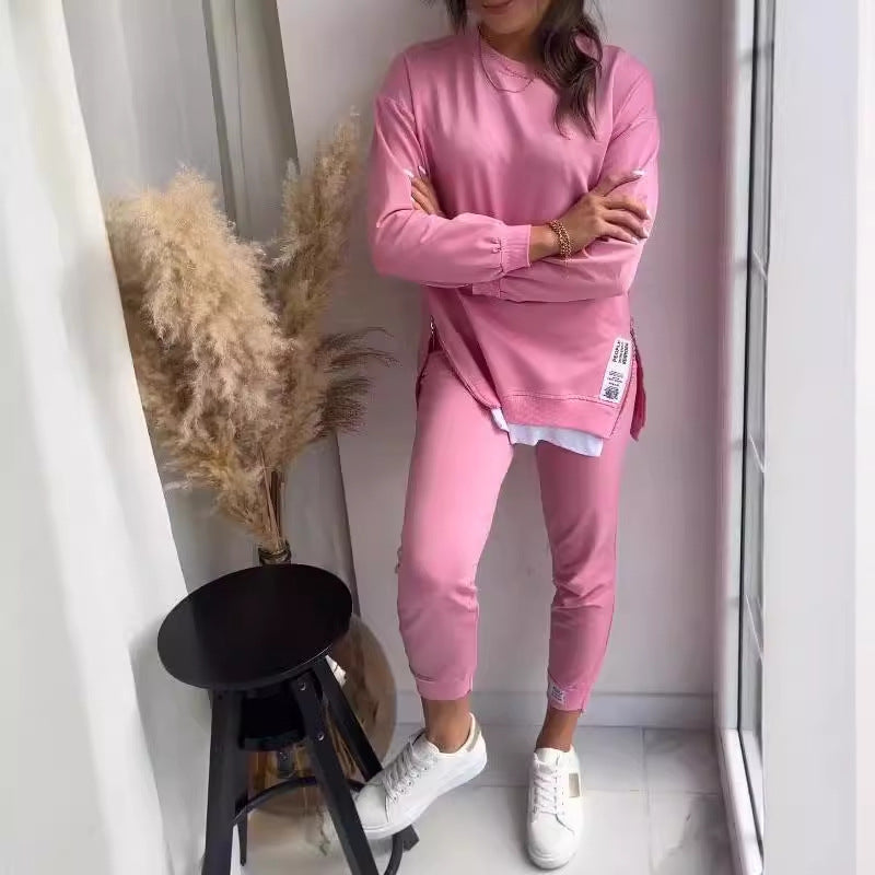 Women's Sports Suit Fashion Slit Design Sweatshirt Top And Slim-fit