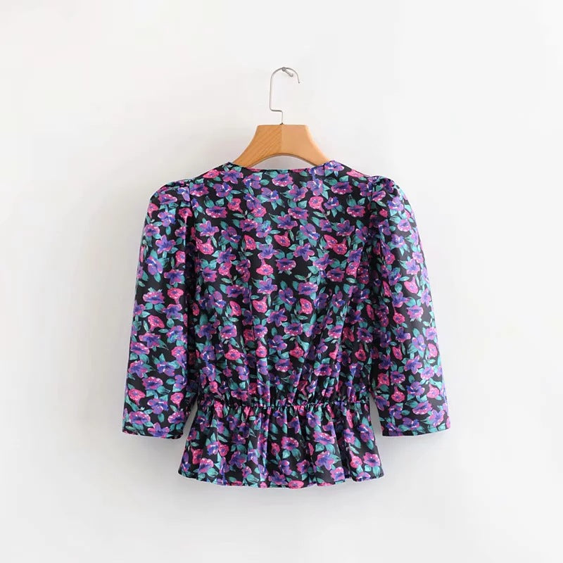 Lantern sleeve printed blouse shirt