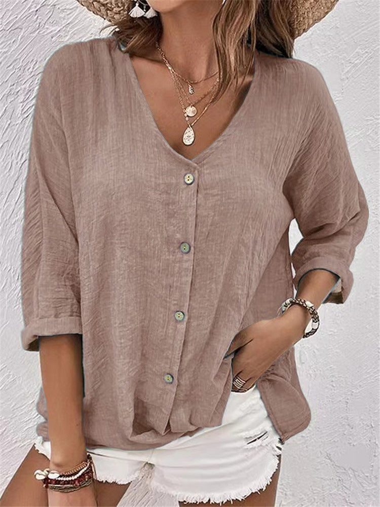 V-neck Long-sleeved T-shirt Fashion Solid Color