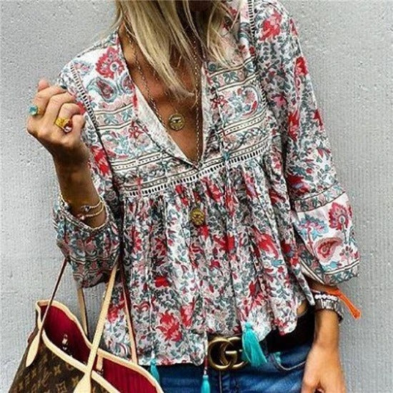 Long-sleeved V-neck loose blouse