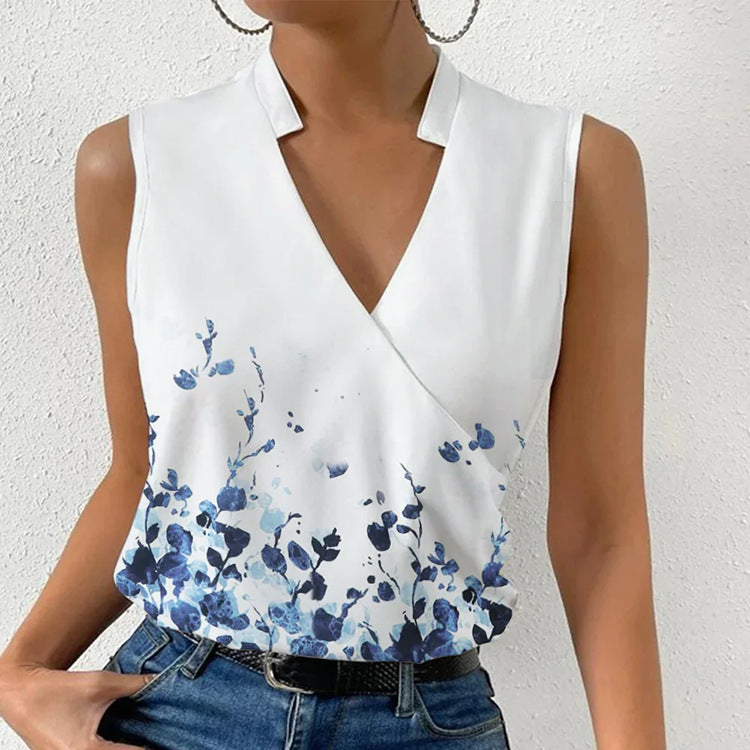 Casual Printed Tops Summer V-neck Sleeveless T-shirt