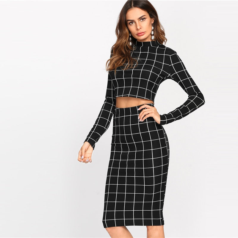 Stand Collar Long Sleeve 2 Piece Set Women Crop Grid Top