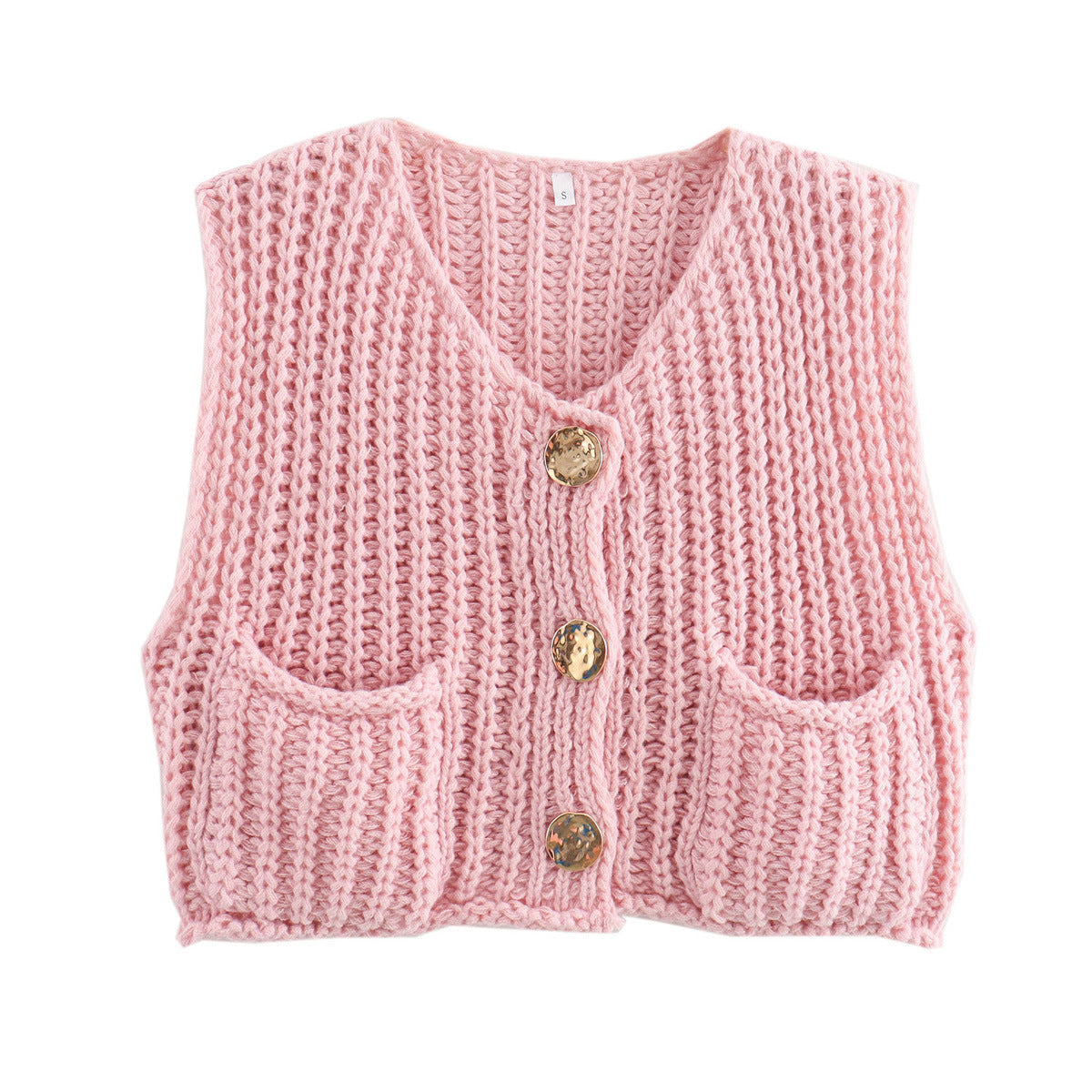 Women's Pocket Sleeveless Short Knitted Cardigan Vest Shirt