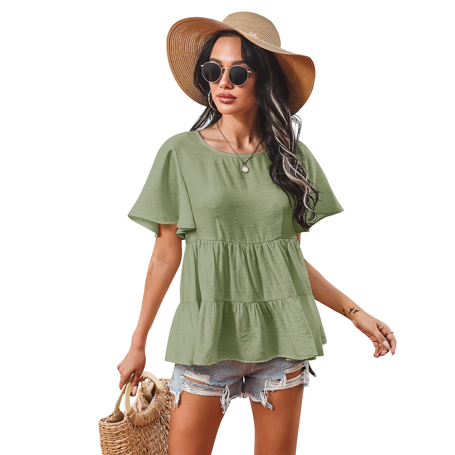 Round Neck Pleated Babydoll Blouse