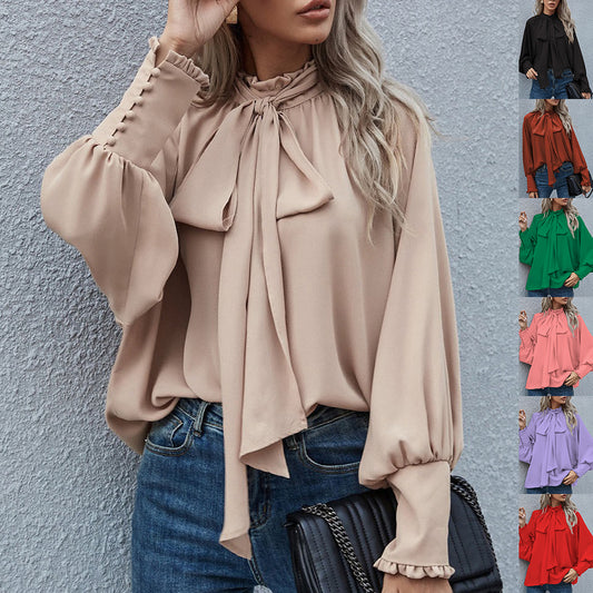 Ins Long-sleeved Blouse Bowknot Puff Sleeves Fashion Commuter