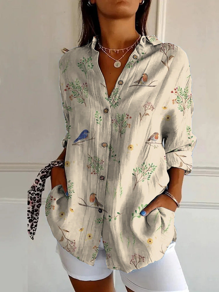 Flowers Print Long Sleeve Shirt Fashion Stand Collar