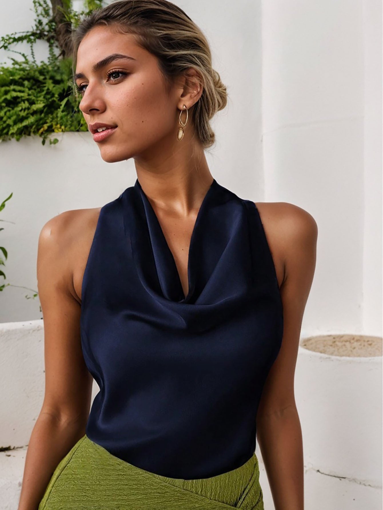 Women Solid Color Swing Collar Sleeveless Vest Trendy Elegant