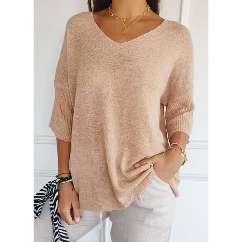 Solid Long Sleeve Sweater Slimming V-neckline Knitwear