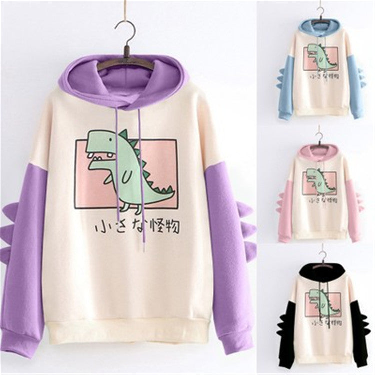 Dinosaur Print Hooded Drawstring Loose Plus Velvet Sweater Women