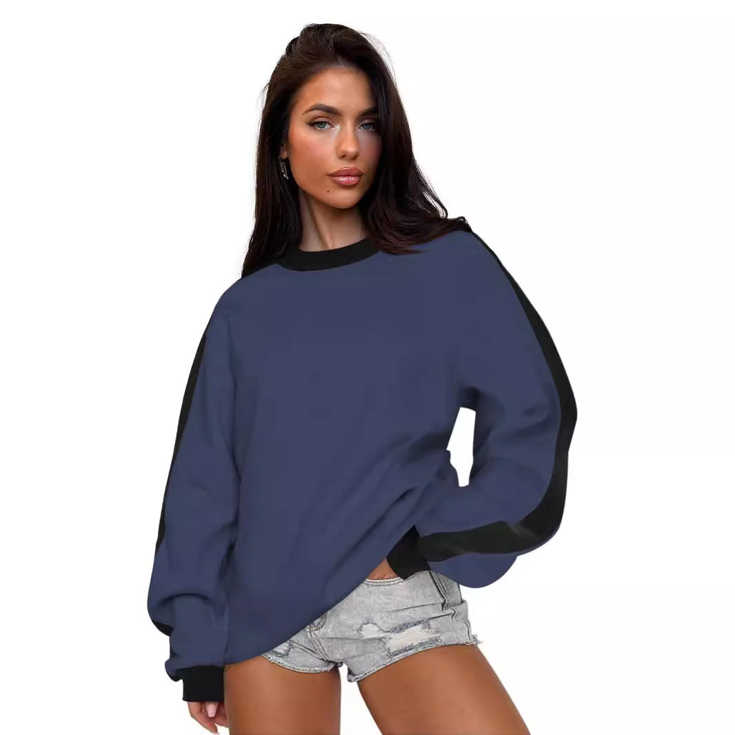 Women's Contrast Color Round Neck Loose Sweater