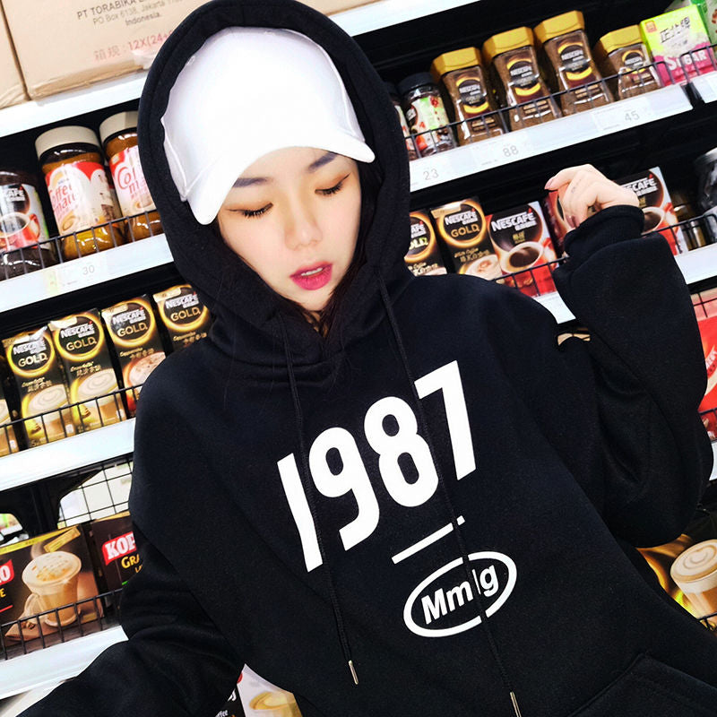 Hooded Sweater Women Long-Sleeved Harajuku Style Student Black Pullover Coat