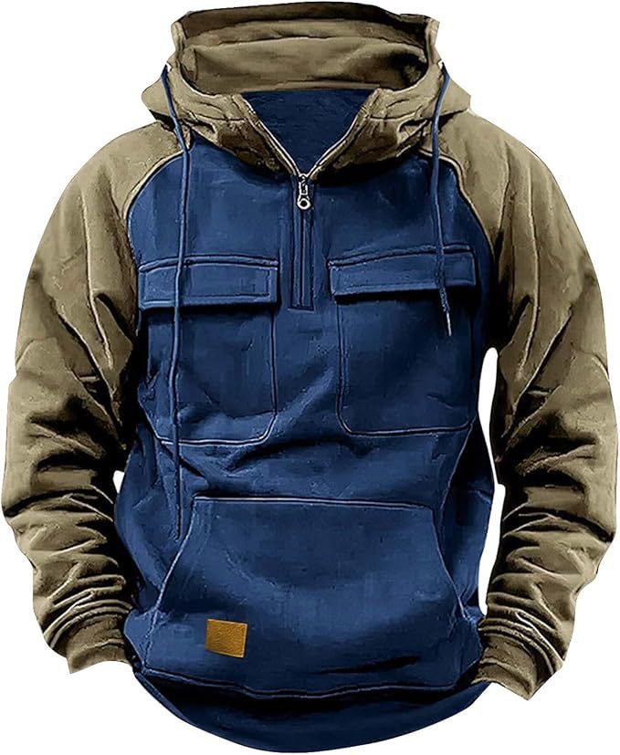 Fall Winter Retro Cargo Hoodies Men's Half Zipper Hooded