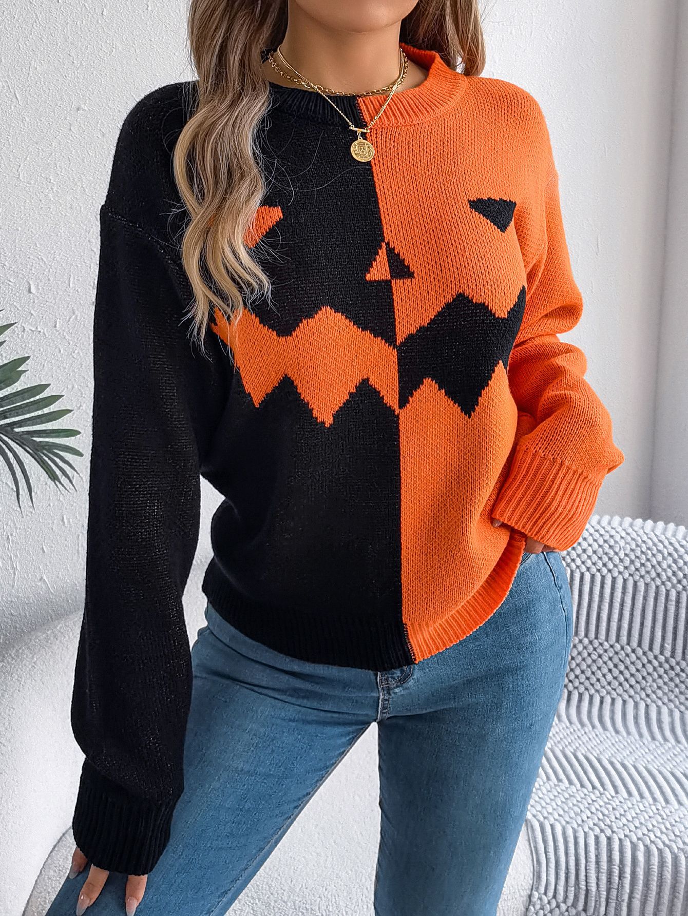 Halloween Contrast-color Pullover Sweater Fashion Long Sleeve