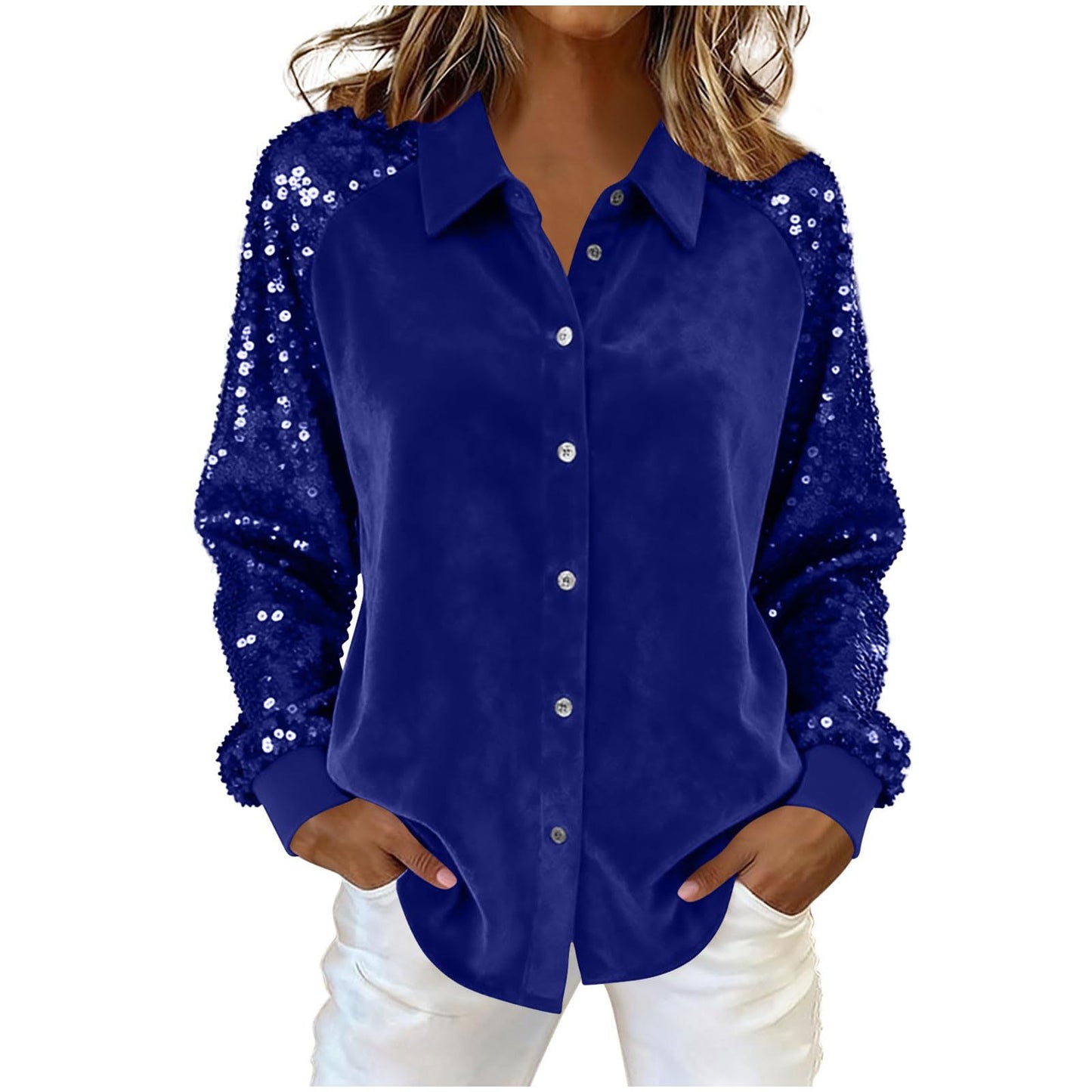 Women's Fashion Sequins Long Sleeve Blouses  Turn-down Collar