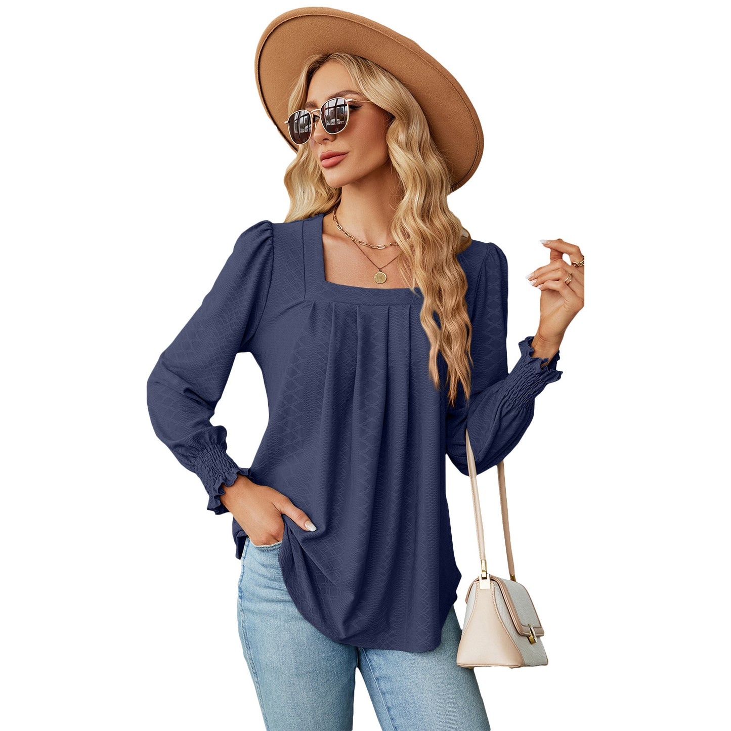 New Jacquard Pleated Square Neck T-shirt Fashion
