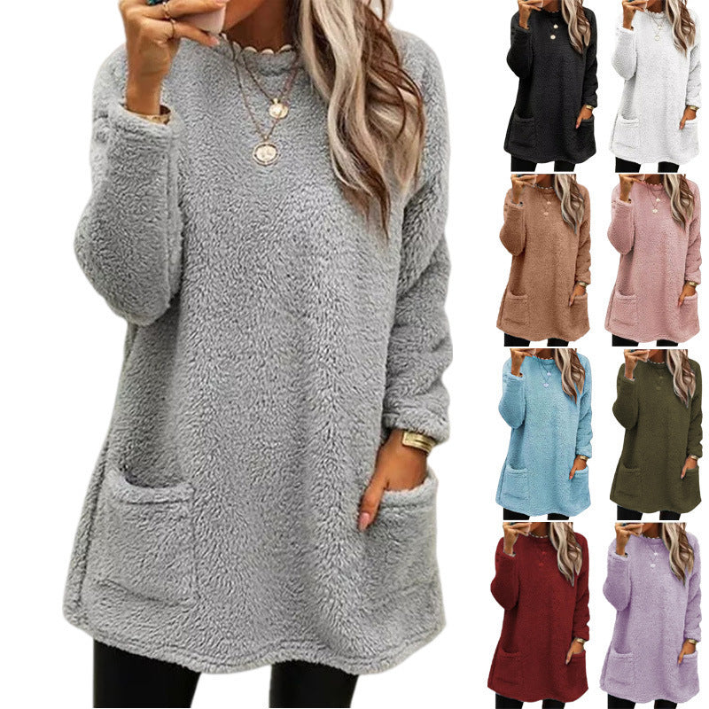 Women's Fleece Pullover Long Sweater With Pockets Winter Sweatershirt