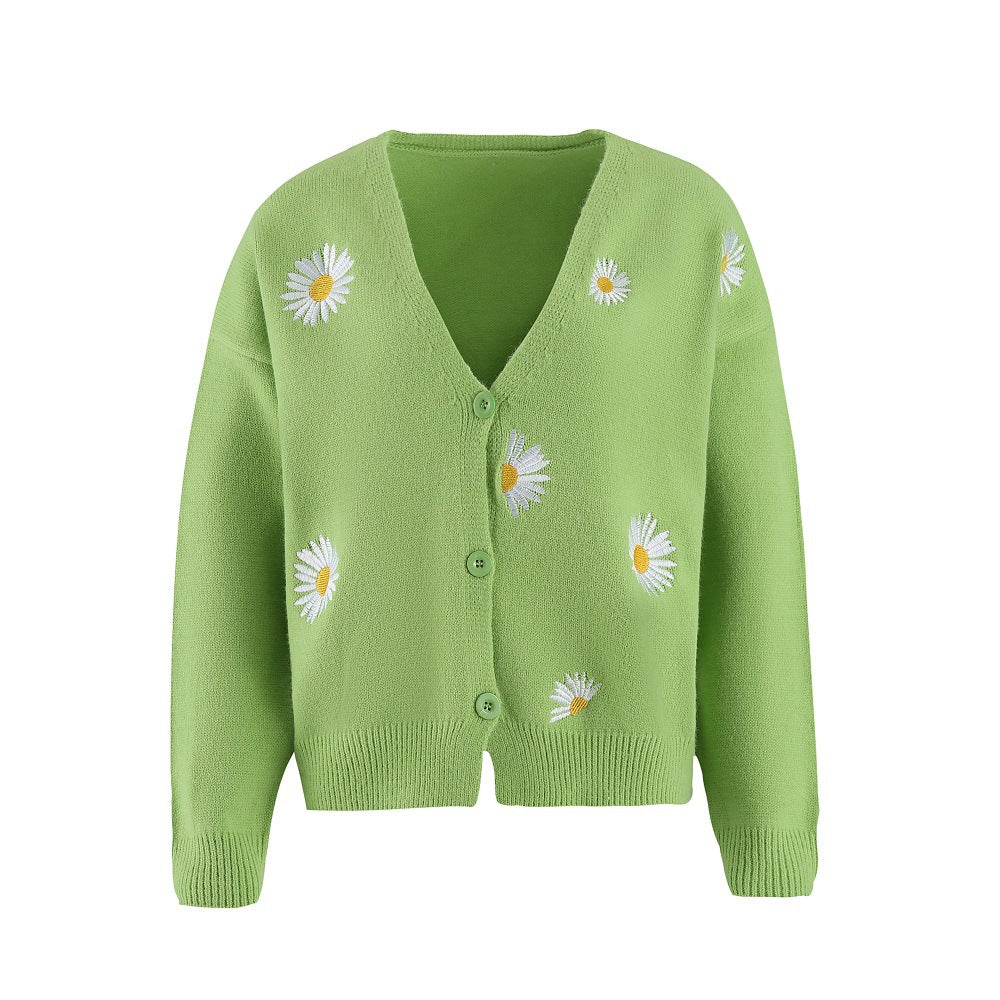 Women's Single Breasted Sweater Chrysanthemum Embroidered