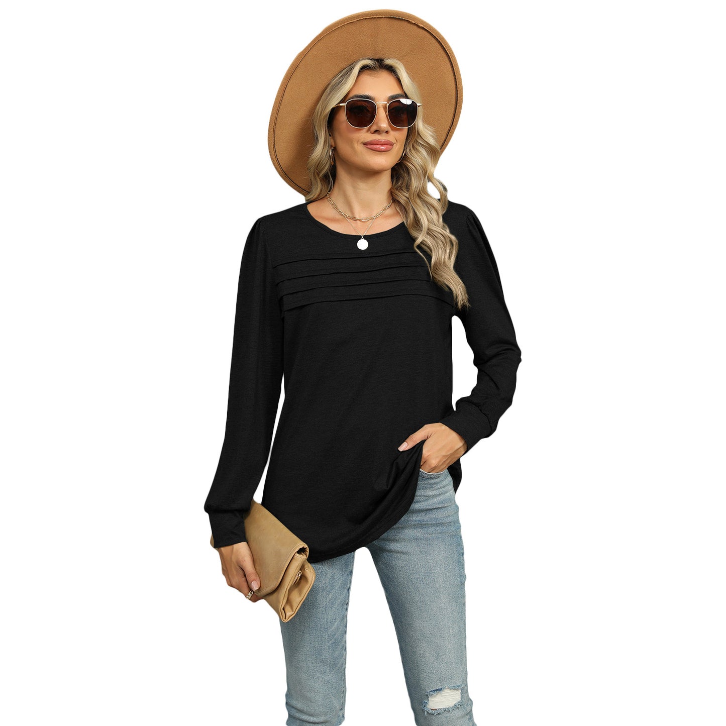 Solid Color U-neck Pleated Long-sleeved Top