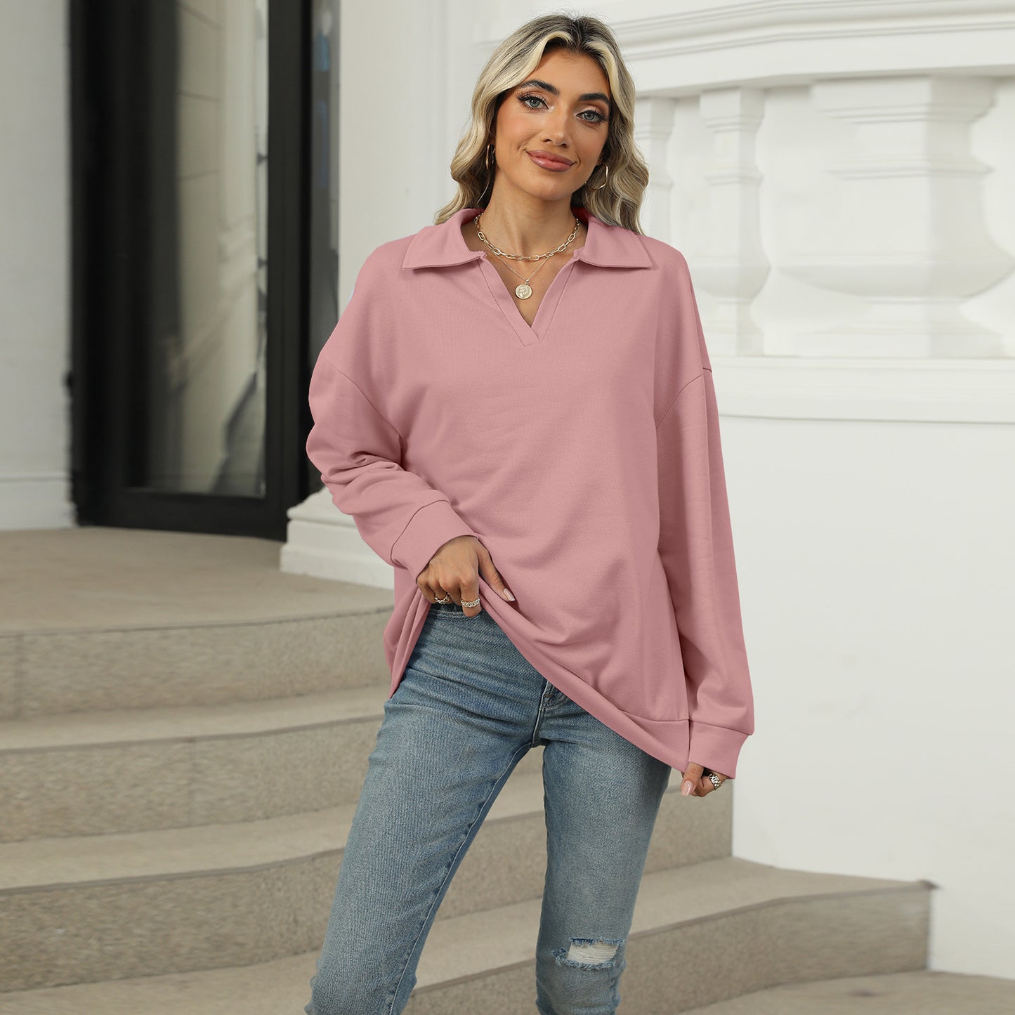 New Lapel V-neck Sweatshirt Fashion Casual Loose