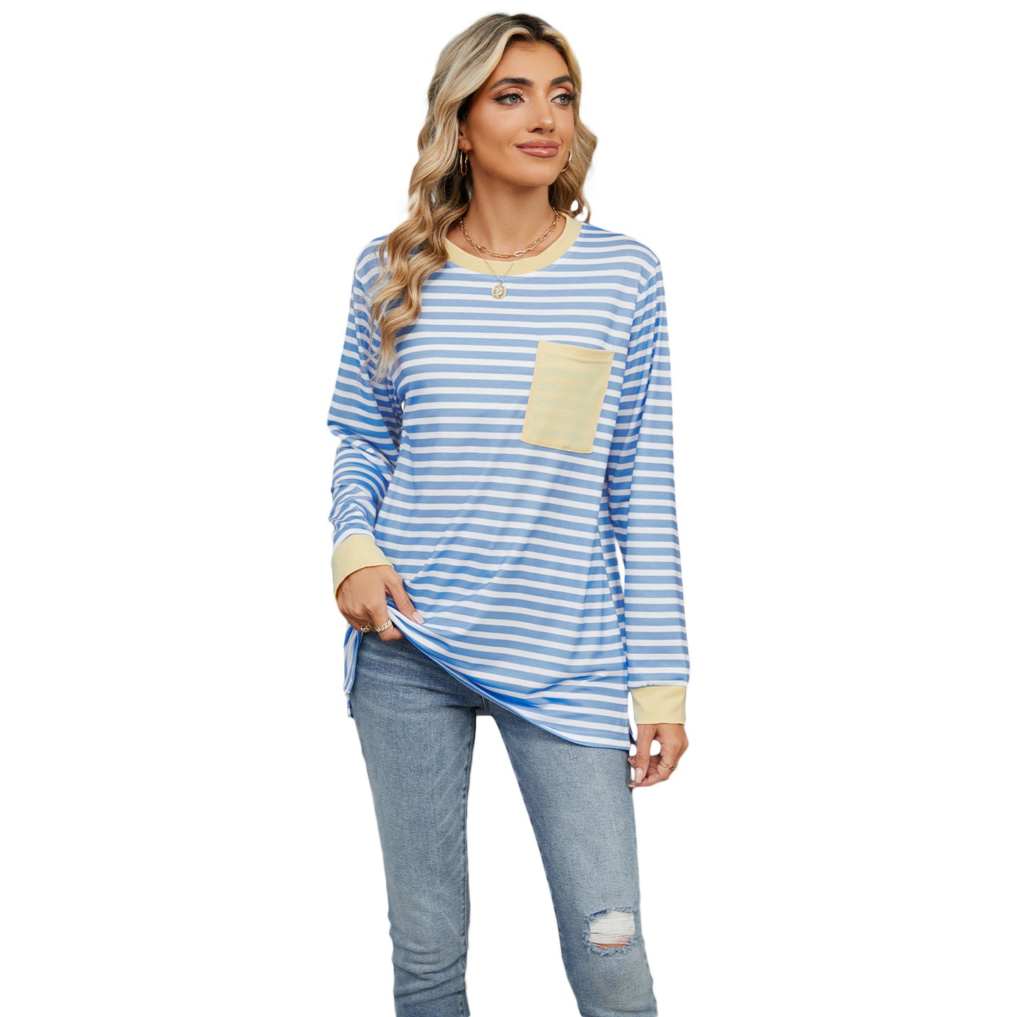 Women's Round Neck Pocket Split Upper Clothes