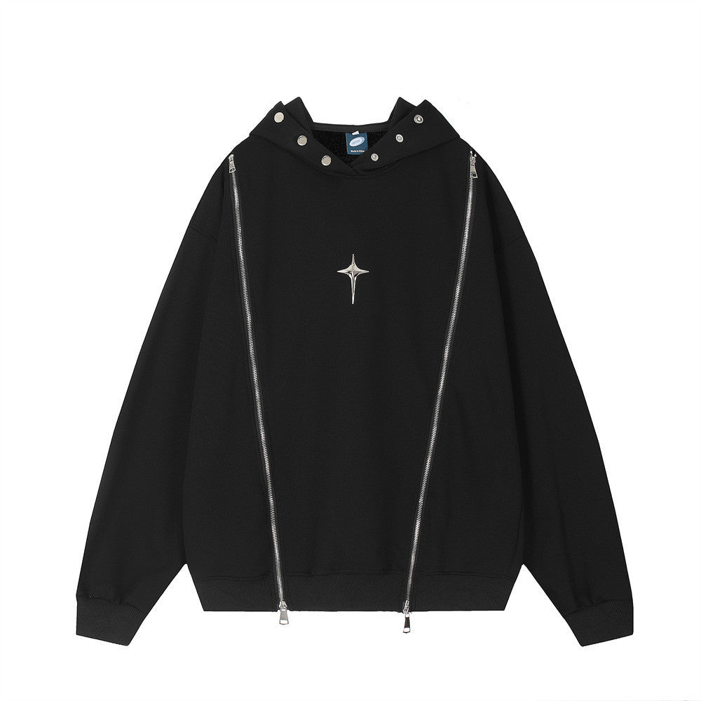 Two-way Zipper Stitching Velvet Padded Hooded Sweatshirt Men's