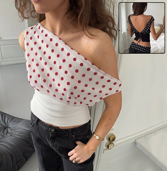 Polka Dots Print Oblique Shoulder Tops