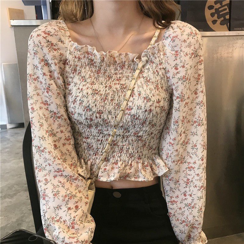 Summer Pleated Floral Print Chiffon Blouses Casual Puff